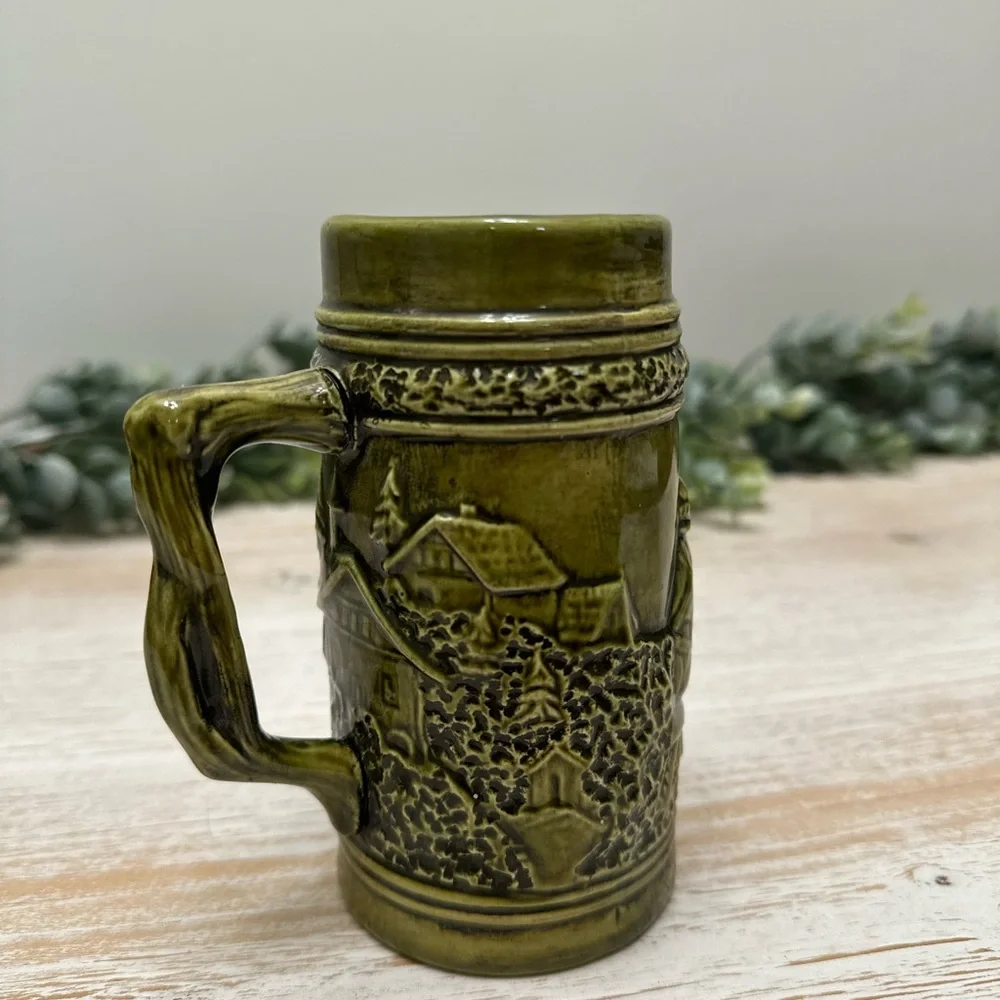 Vintage German Green Ceramic Stein with Embossed Figures - Picture 4 of 7